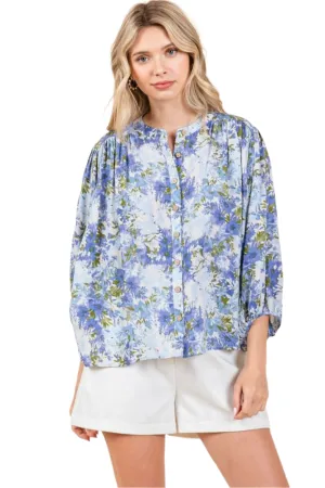 Mittoshop Flower Print Batwing Sleeve Button Down Blouse