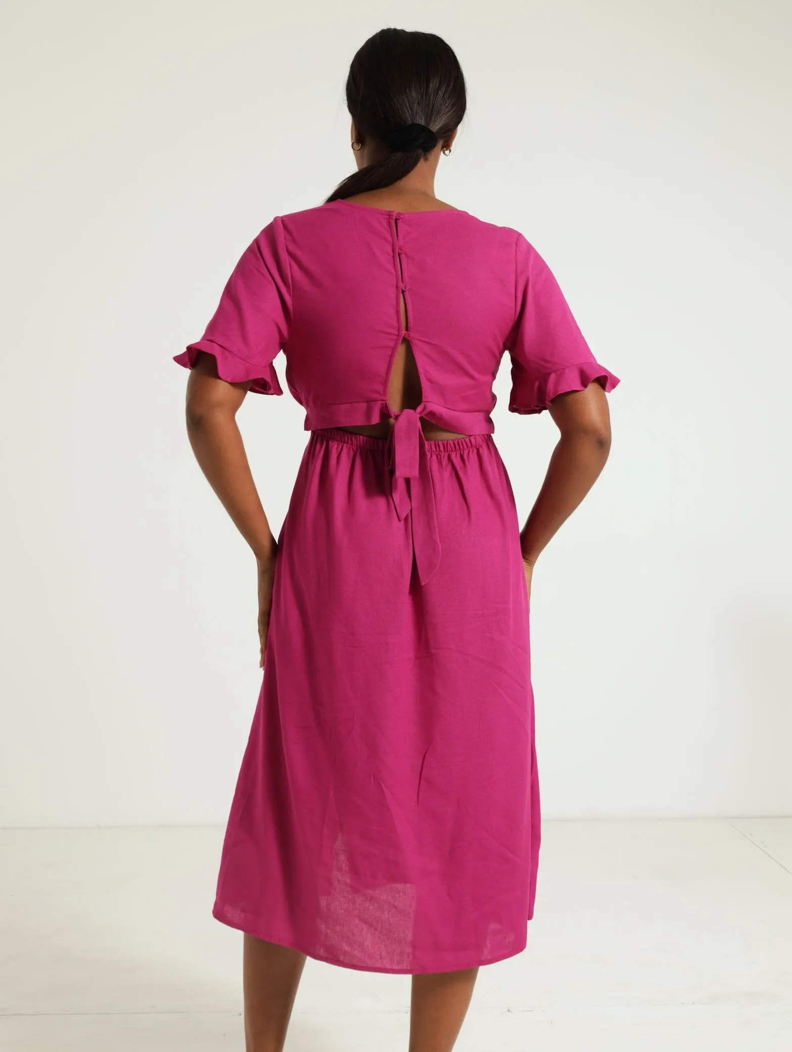 Mock Wrap Tie-Back Midi Dress - Magenta