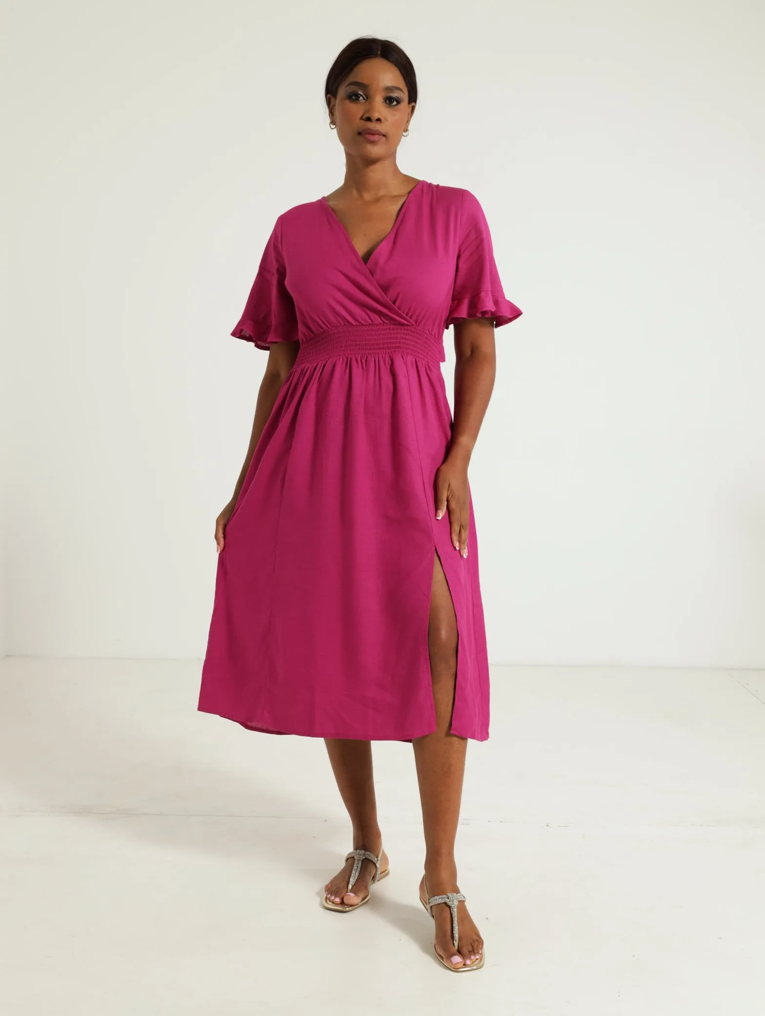 Mock Wrap Tie-Back Midi Dress - Magenta