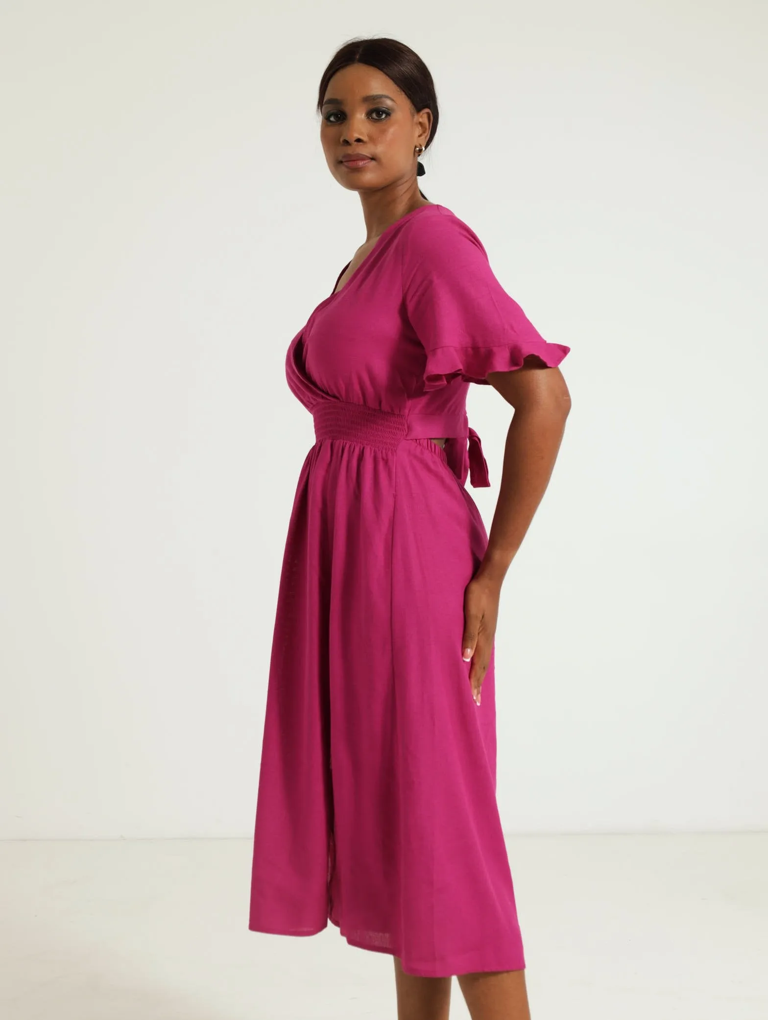 Mock Wrap Tie-Back Midi Dress - Magenta