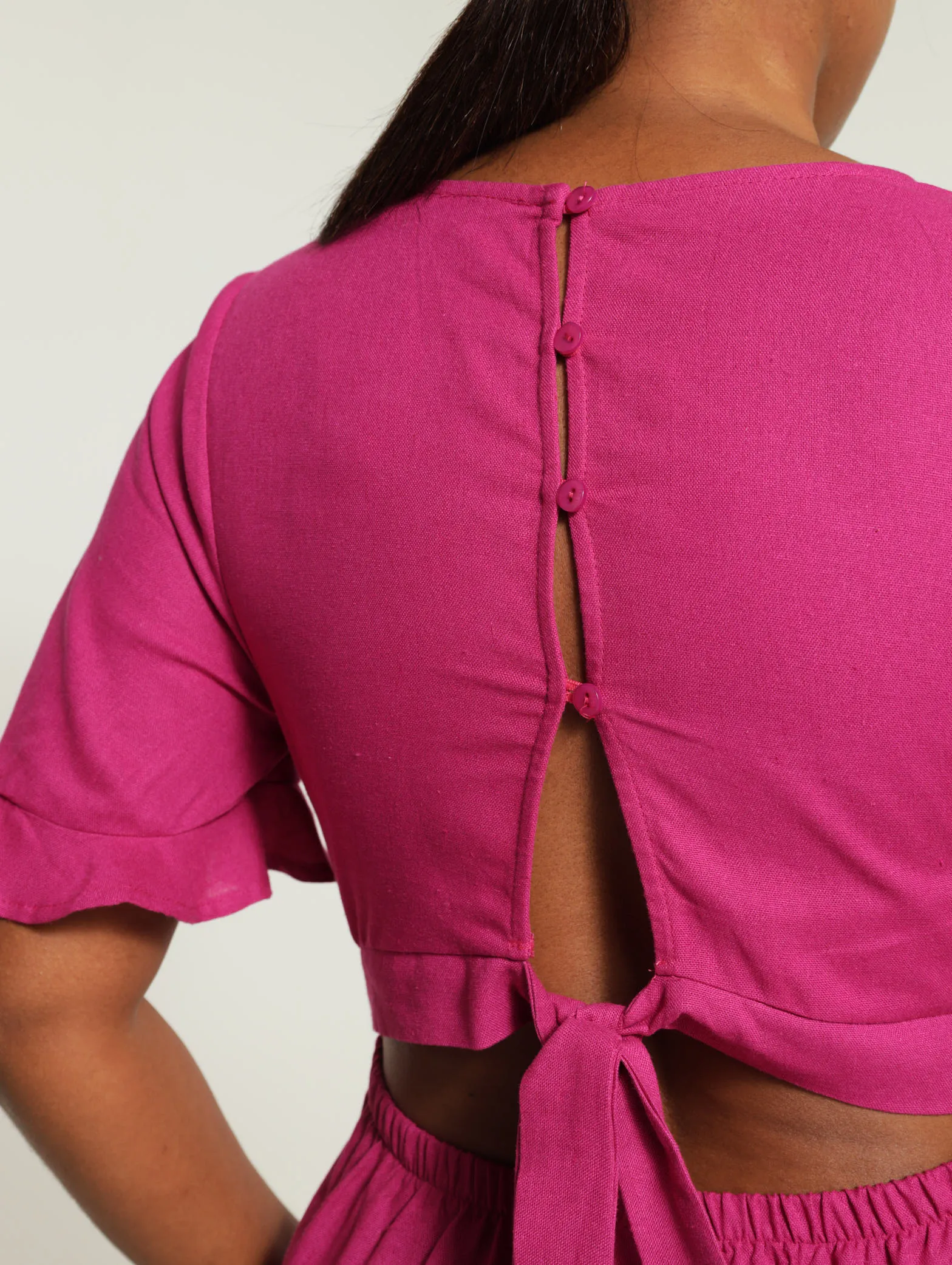 Mock Wrap Tie-Back Midi Dress - Magenta