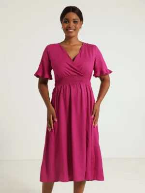 Mock Wrap Tie-Back Midi Dress - Magenta