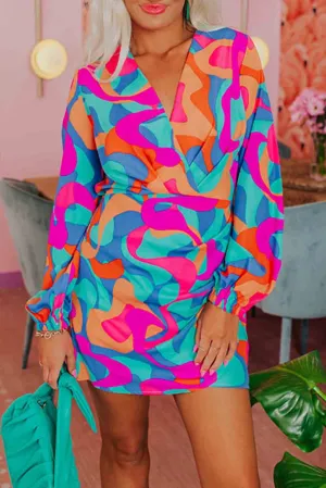 Multicolor Abstract Print Wrap V Neck Puff Sleeve Dress