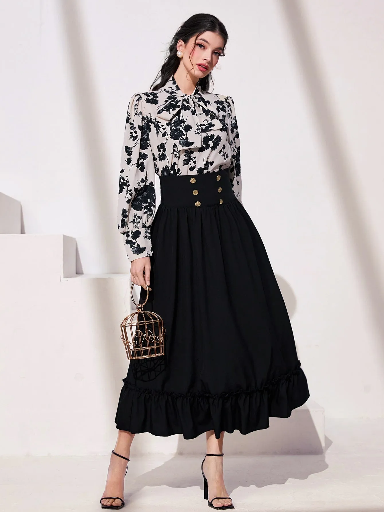 Mulvari Floral Print Tie Neck Lantern Sleeve Blouse