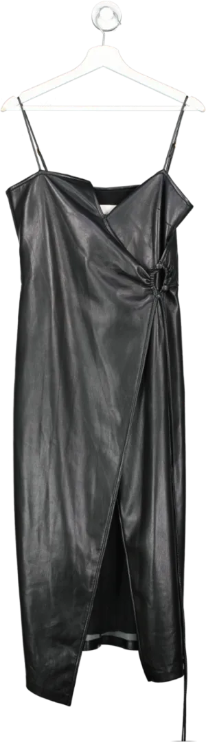 Nanushka Black Anubi Vegan Leather Midi Wrap Dress UK M
