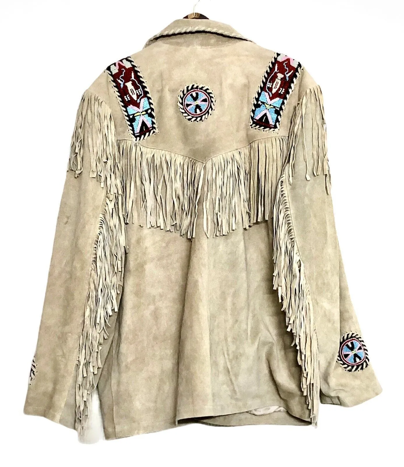 Native American Style Beige Suede Leather Fringe Beaded Jacket for Men MWJ338