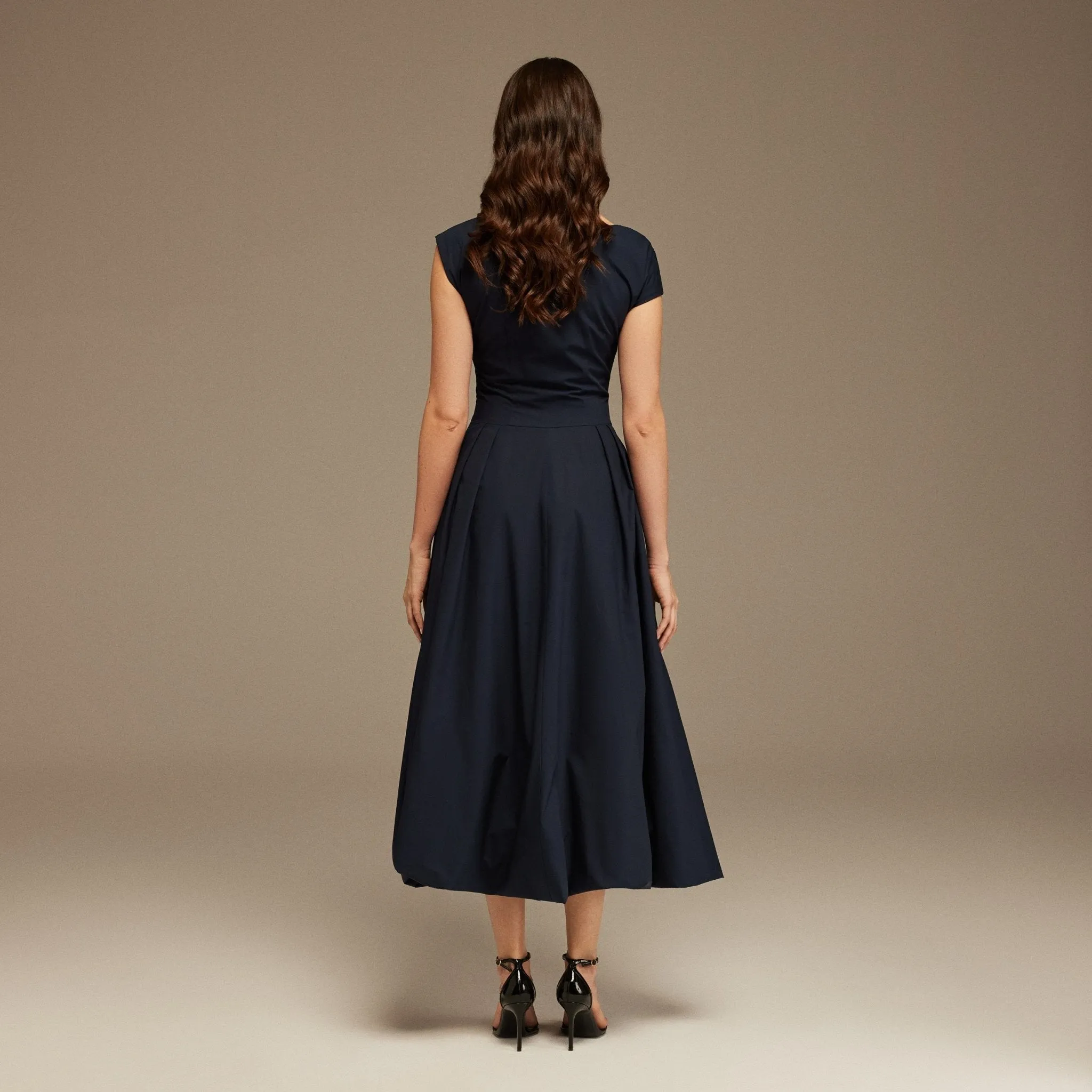 Navy Short Sleeve Balloon Midi Dress