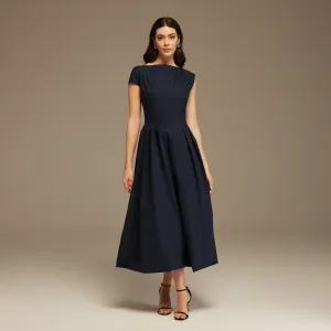 Navy Short Sleeve Balloon Midi Dress