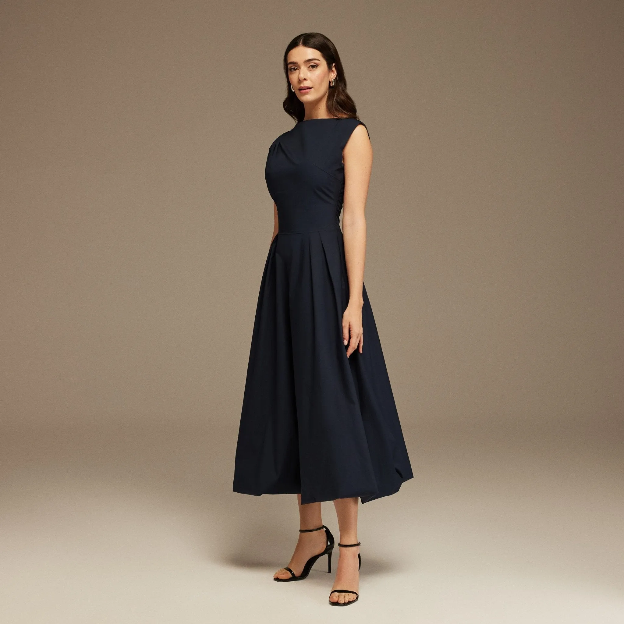 Navy Short Sleeve Balloon Midi Dress