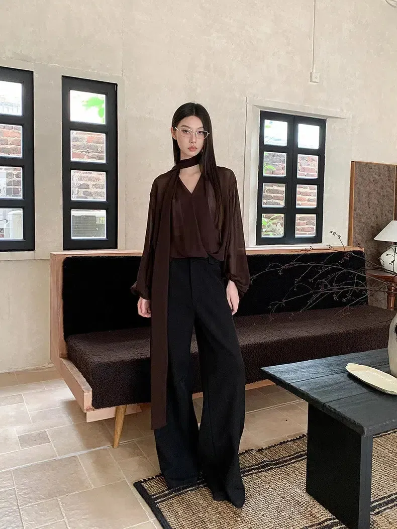 Neck Tie Sheer Mesh Blouse
