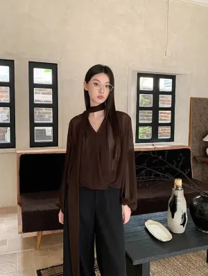 Neck Tie Sheer Mesh Blouse