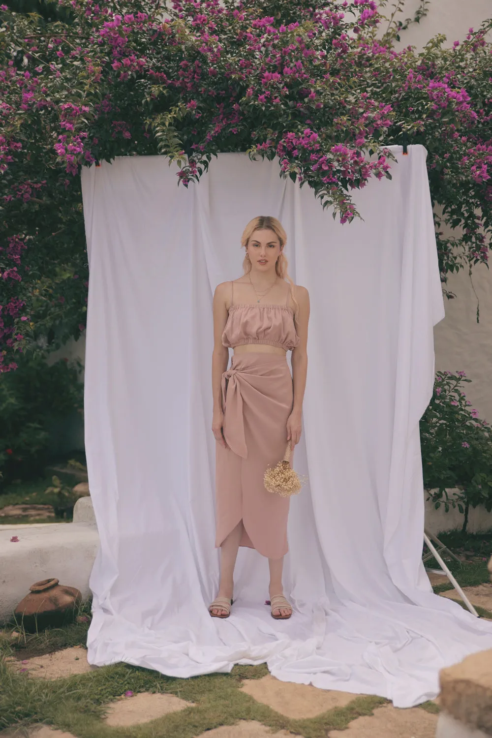 NICE Two Piece Gartered Crop Top and Wrap Around Skirt (Tan Silk)