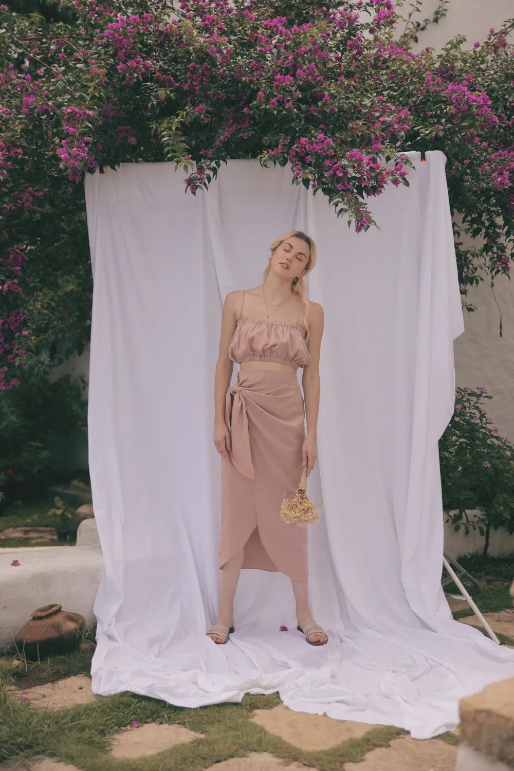 NICE Two Piece Gartered Crop Top and Wrap Around Skirt (Tan Silk)