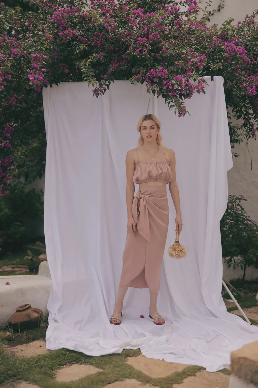 NICE Two Piece Gartered Crop Top and Wrap Around Skirt (Tan Silk)