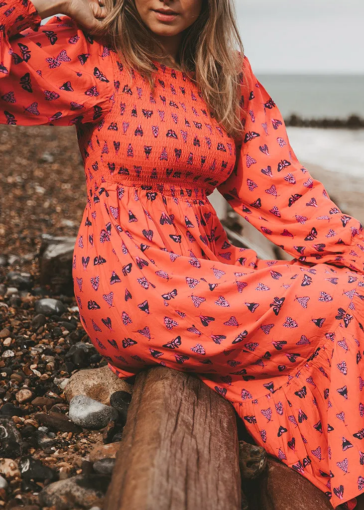 Night Butterfly EcoVero Shirred Midi Dress (Coral)