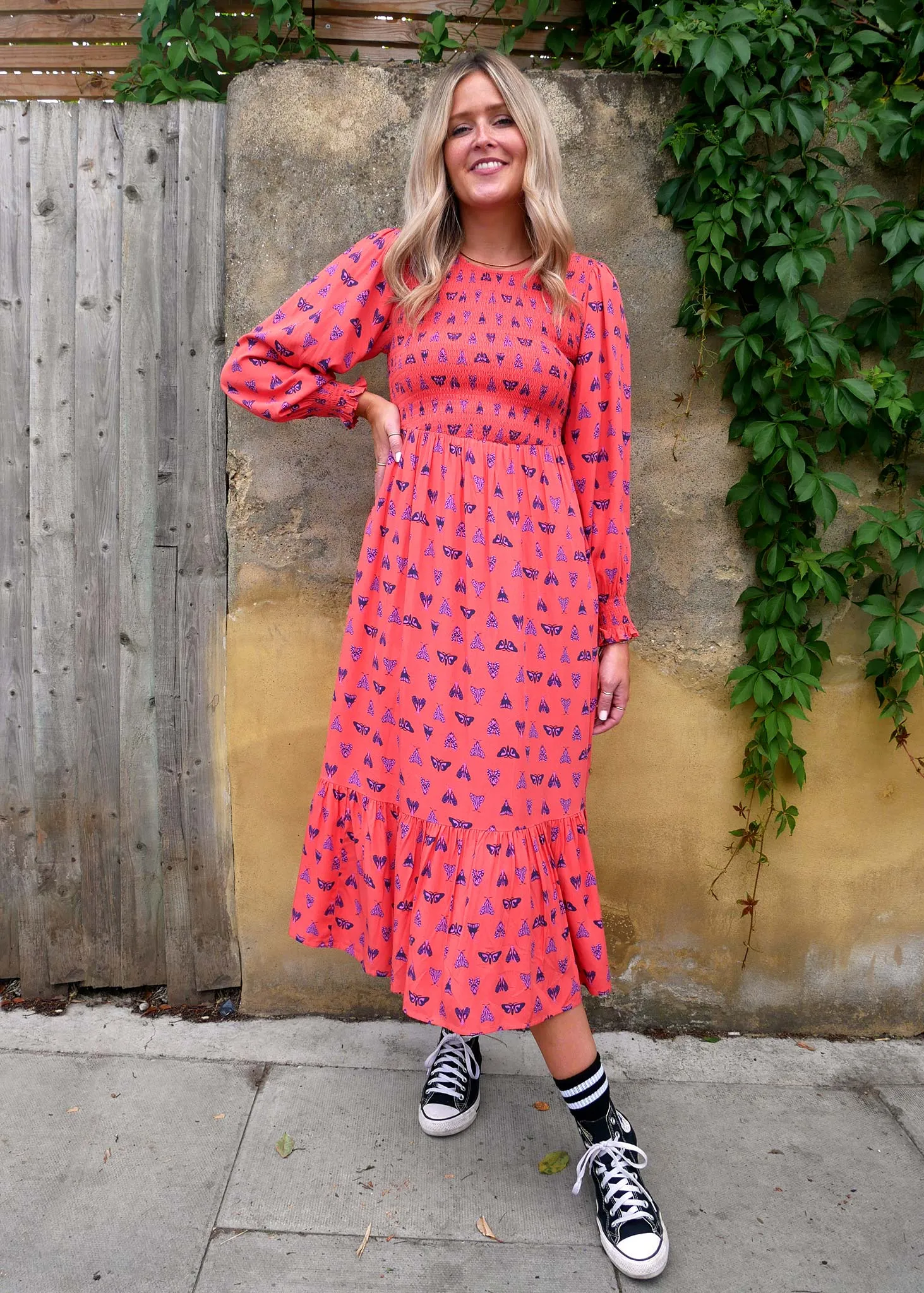 Night Butterfly EcoVero Shirred Midi Dress (Coral)
