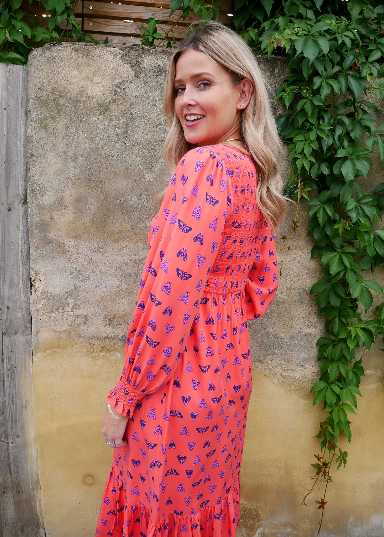 Night Butterfly EcoVero Shirred Midi Dress (Coral)