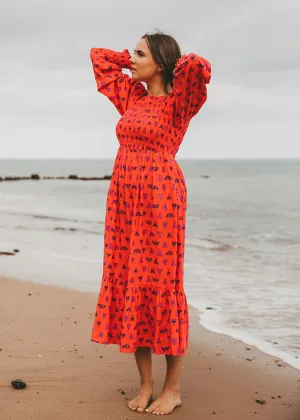 Night Butterfly EcoVero Shirred Midi Dress (Coral)