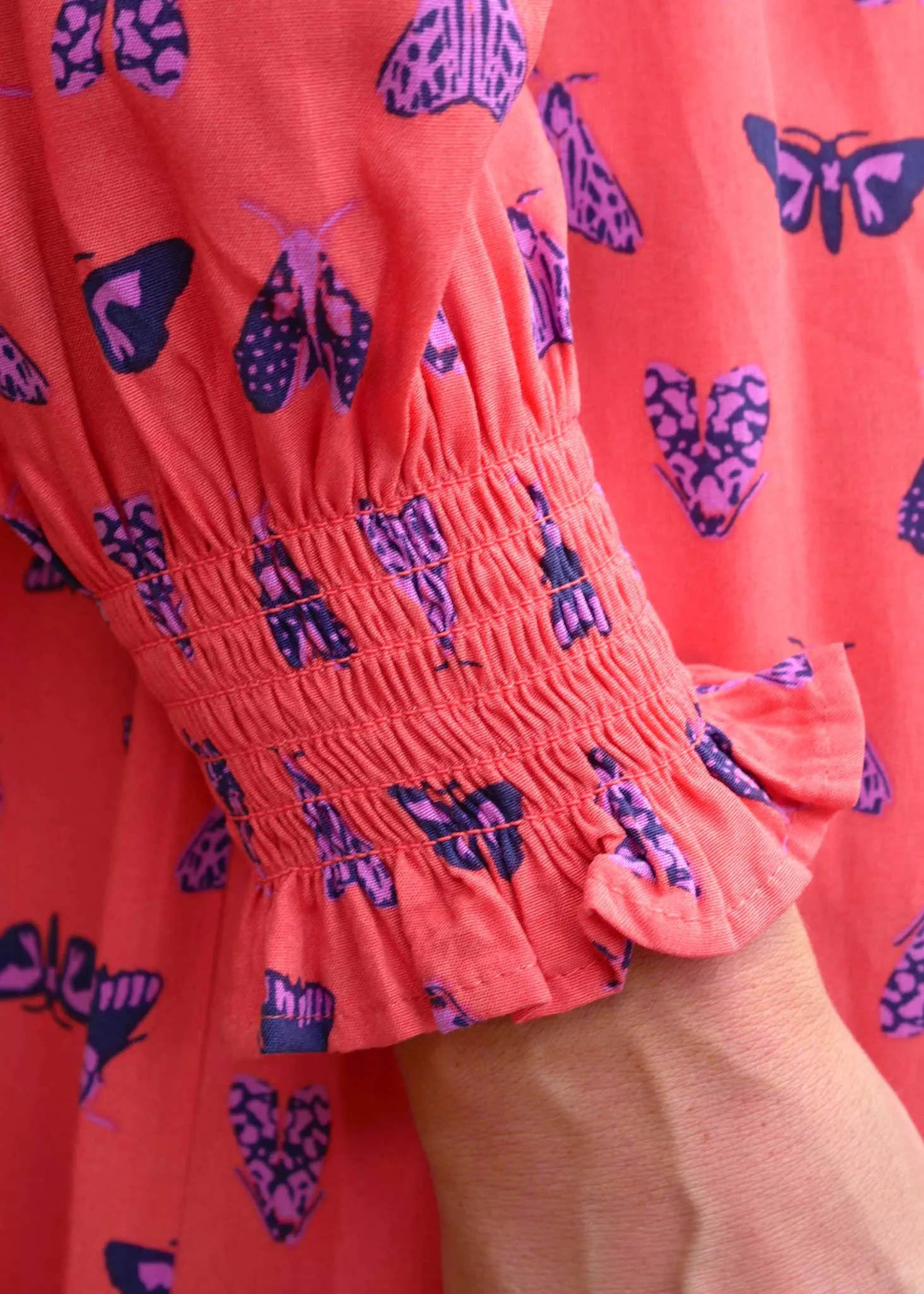 Night Butterfly EcoVero Shirred Midi Dress (Coral)