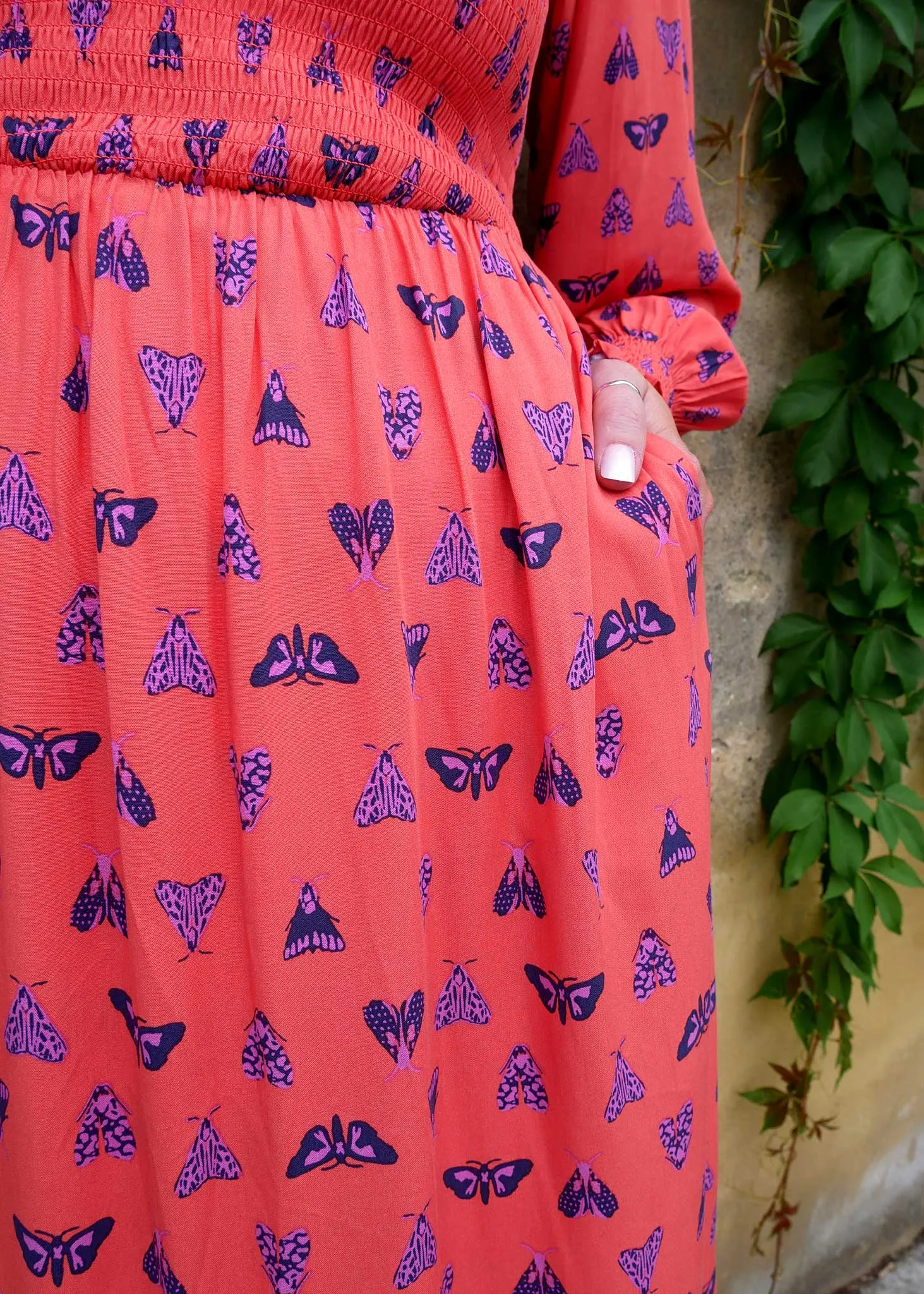 Night Butterfly EcoVero Shirred Midi Dress (Coral)