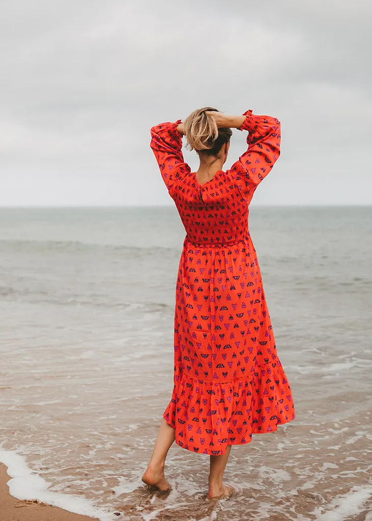 Night Butterfly EcoVero Shirred Midi Dress (Coral)