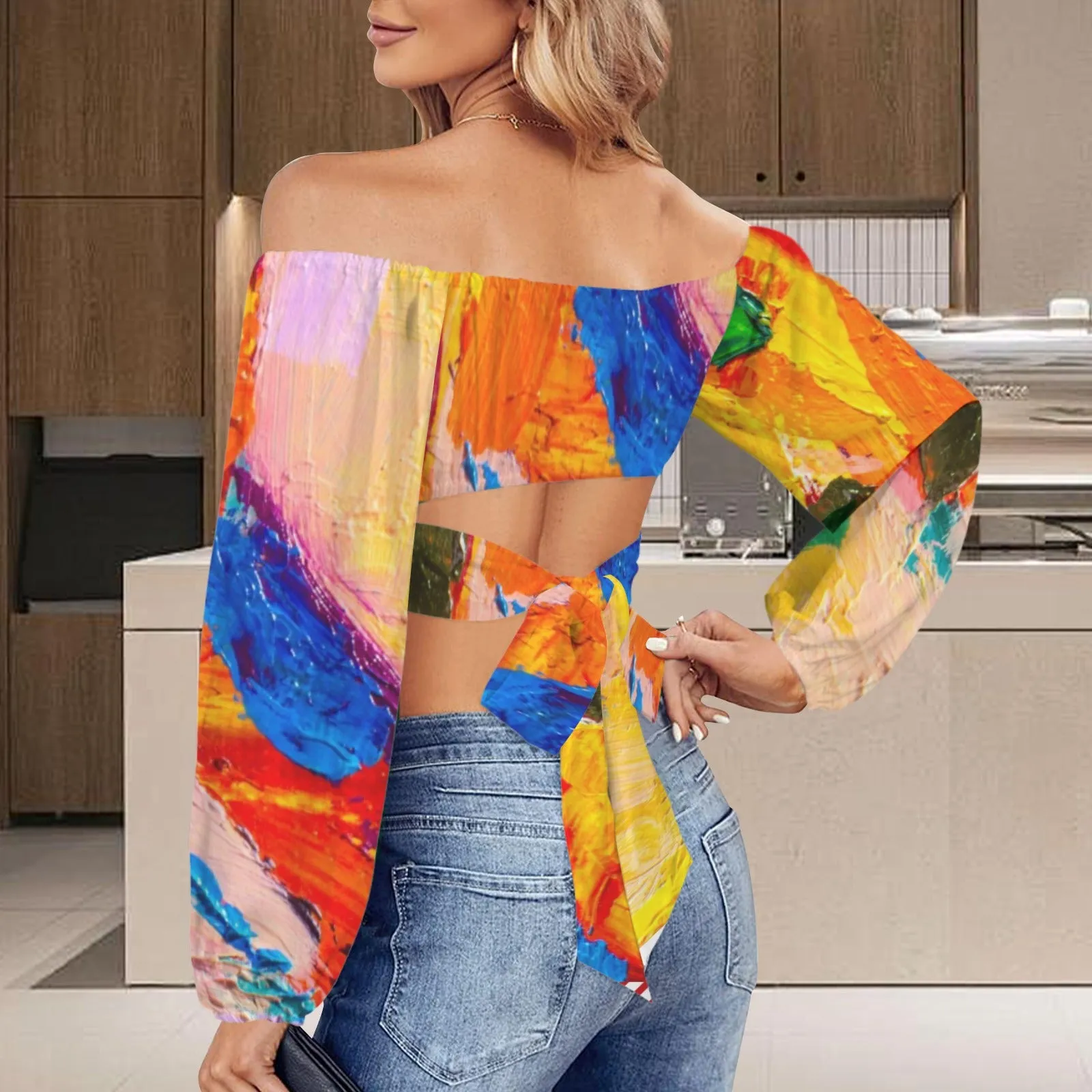 Off Shoulder Long Sleeve Cross Tie Back Crop Blouse