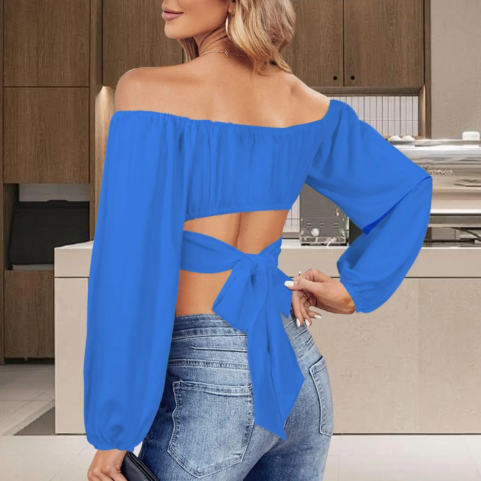 Off Shoulder Long Sleeve Cross Tie Back Crop
