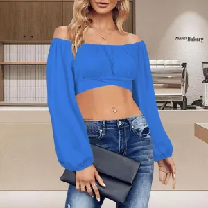 Off Shoulder Long Sleeve Cross Tie Back Crop