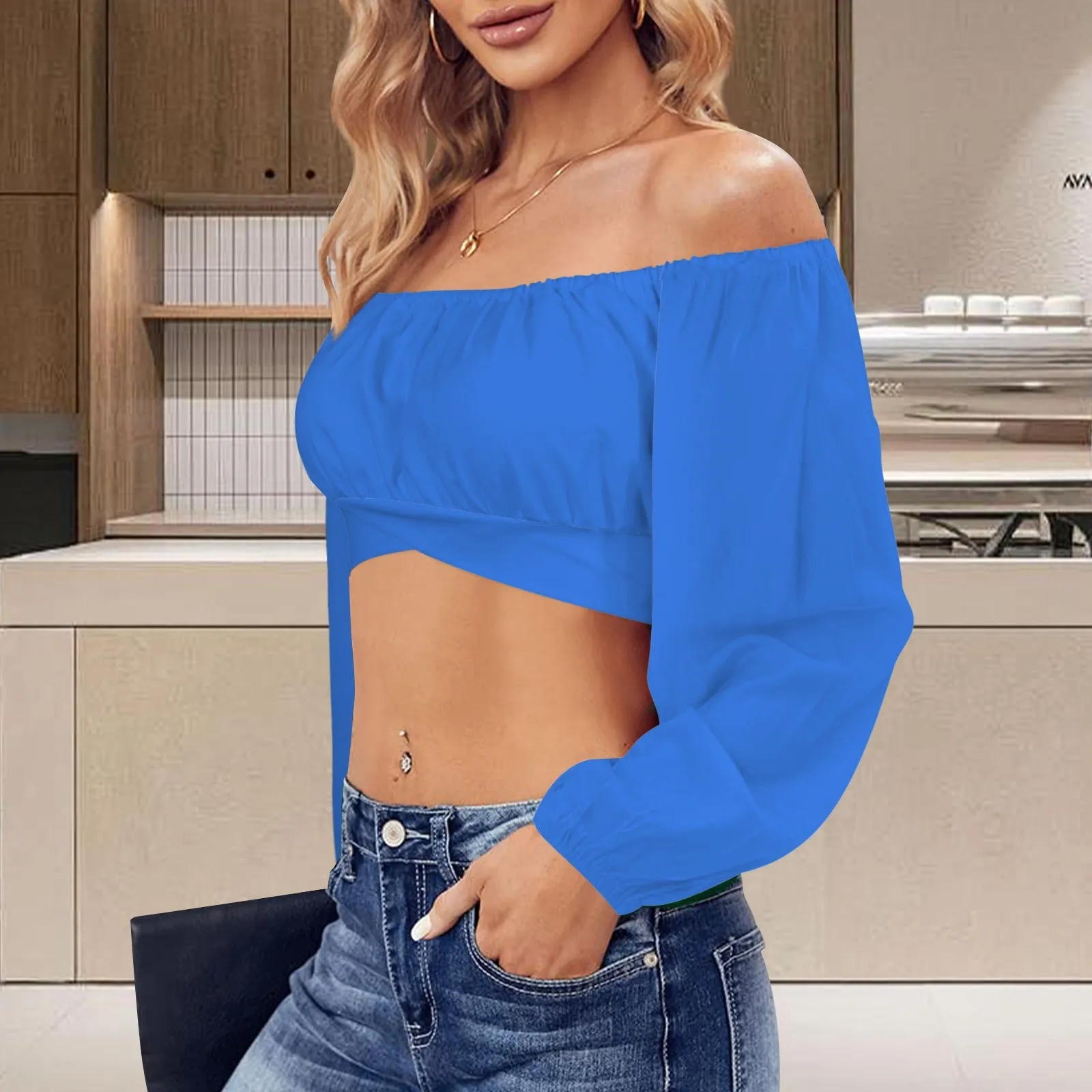 Off Shoulder Long Sleeve Cross Tie Back Crop