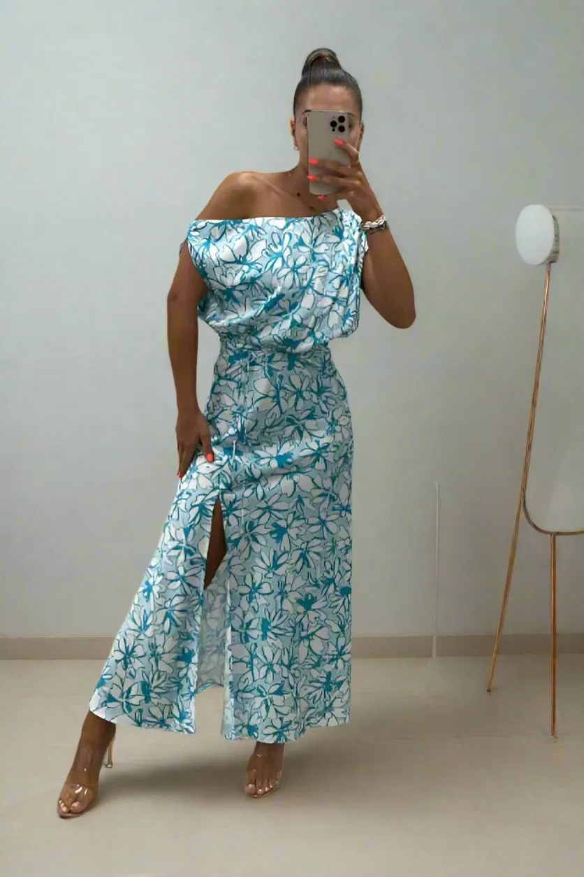 OFF THE SHOULDER FLORAL PRINT BIAS CUT MIDI DRESS