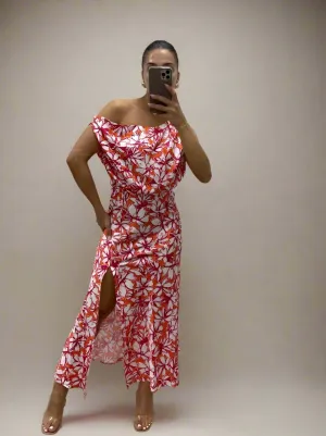 OFF THE SHOULDER FLORAL PRINT BIAS CUT MIDI DRESS