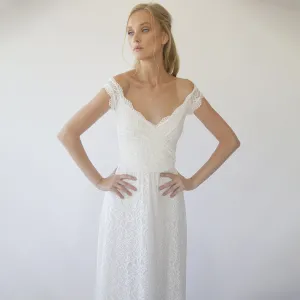 Off the shoulder short sleeves wrap wedding dress  #1281