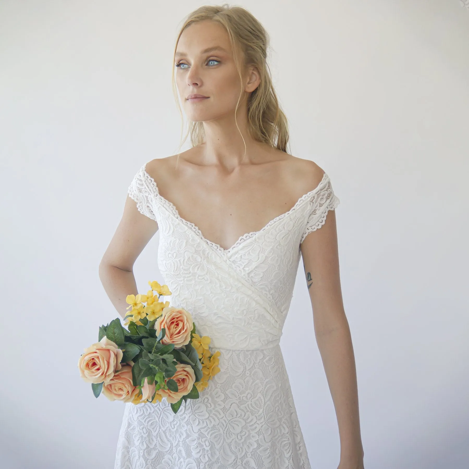 Off the shoulder short sleeves wrap wedding dress  #1281