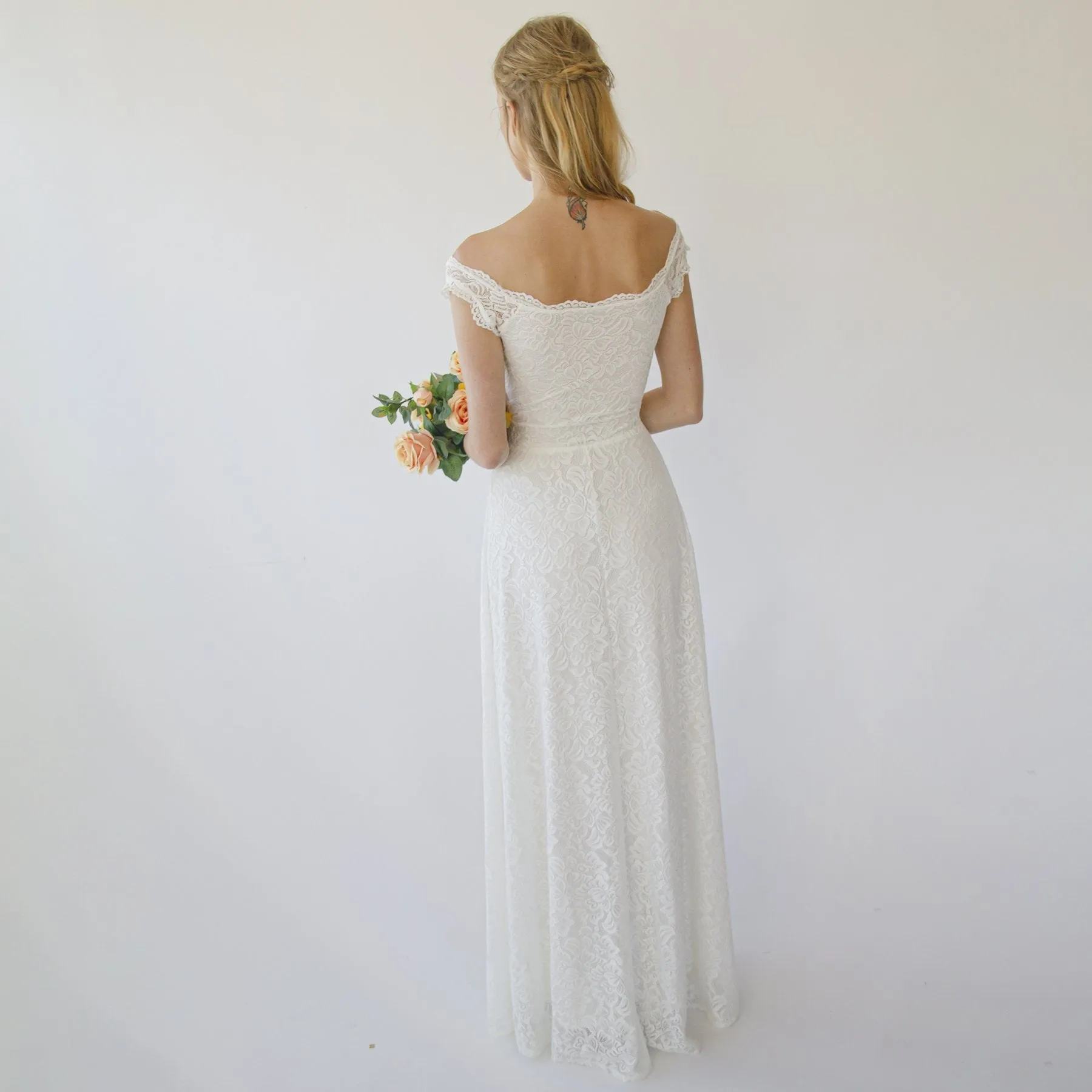 Off the shoulder short sleeves wrap wedding dress  #1281