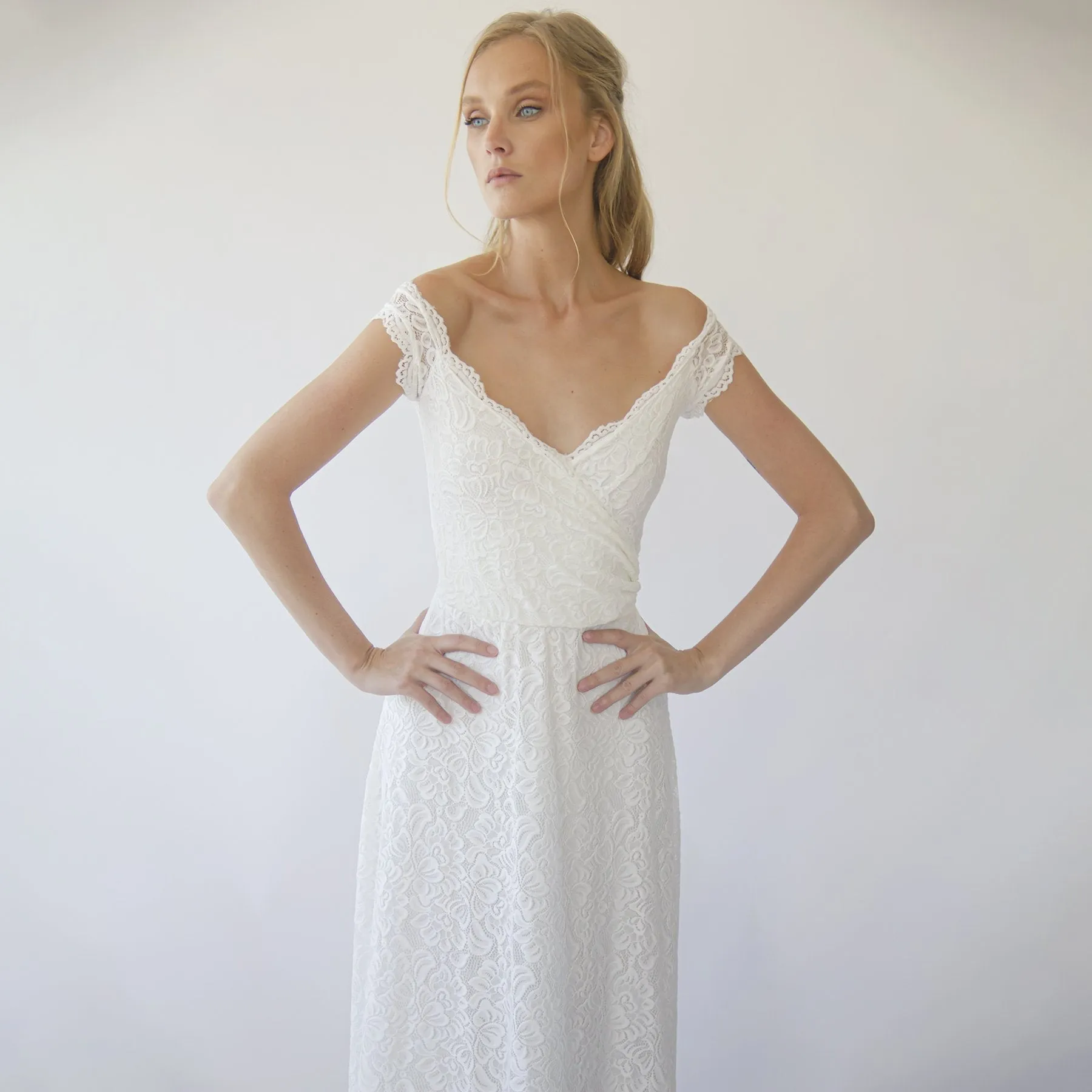 Off the shoulder short sleeves wrap wedding dress  #1281