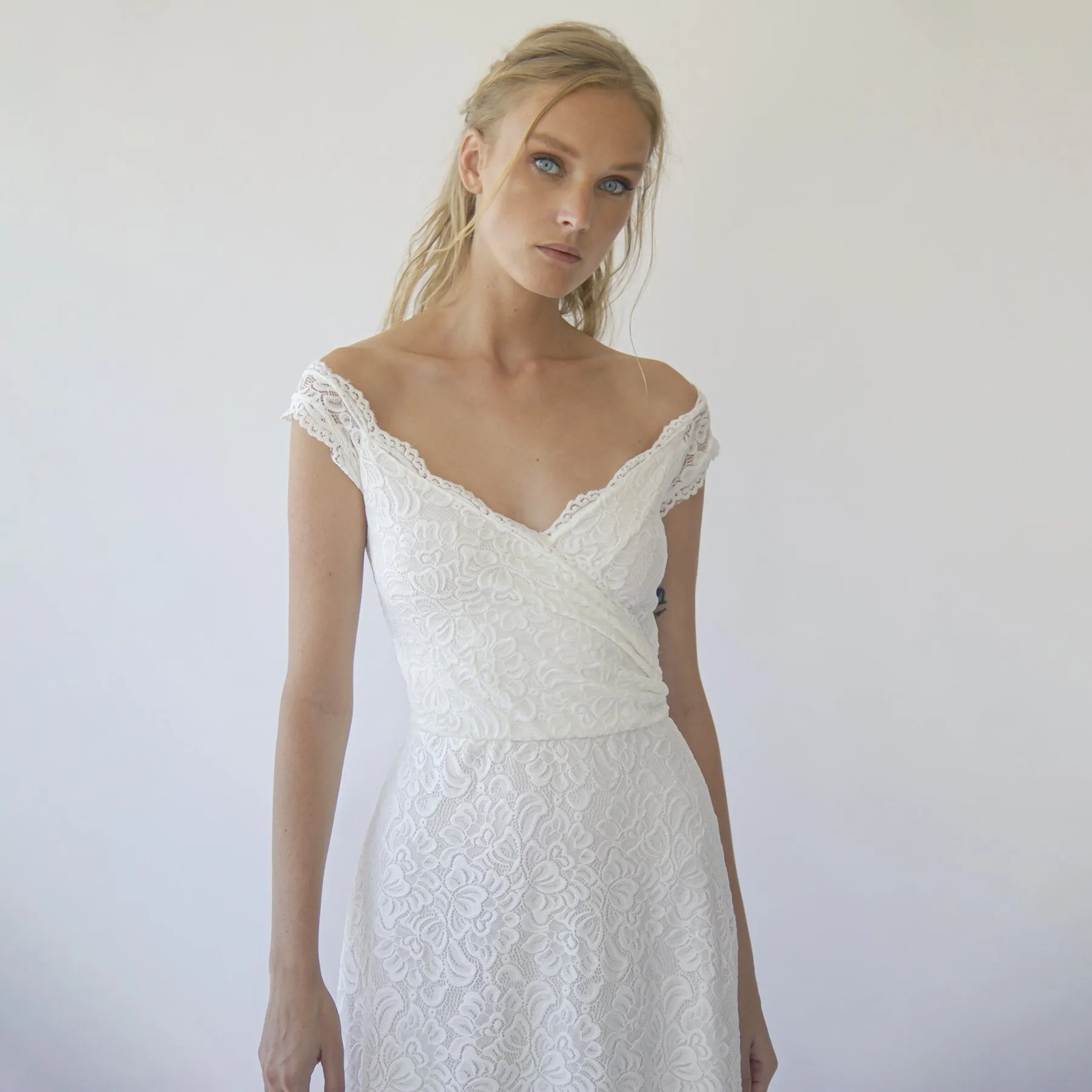 Off the shoulder short sleeves wrap wedding dress  #1281