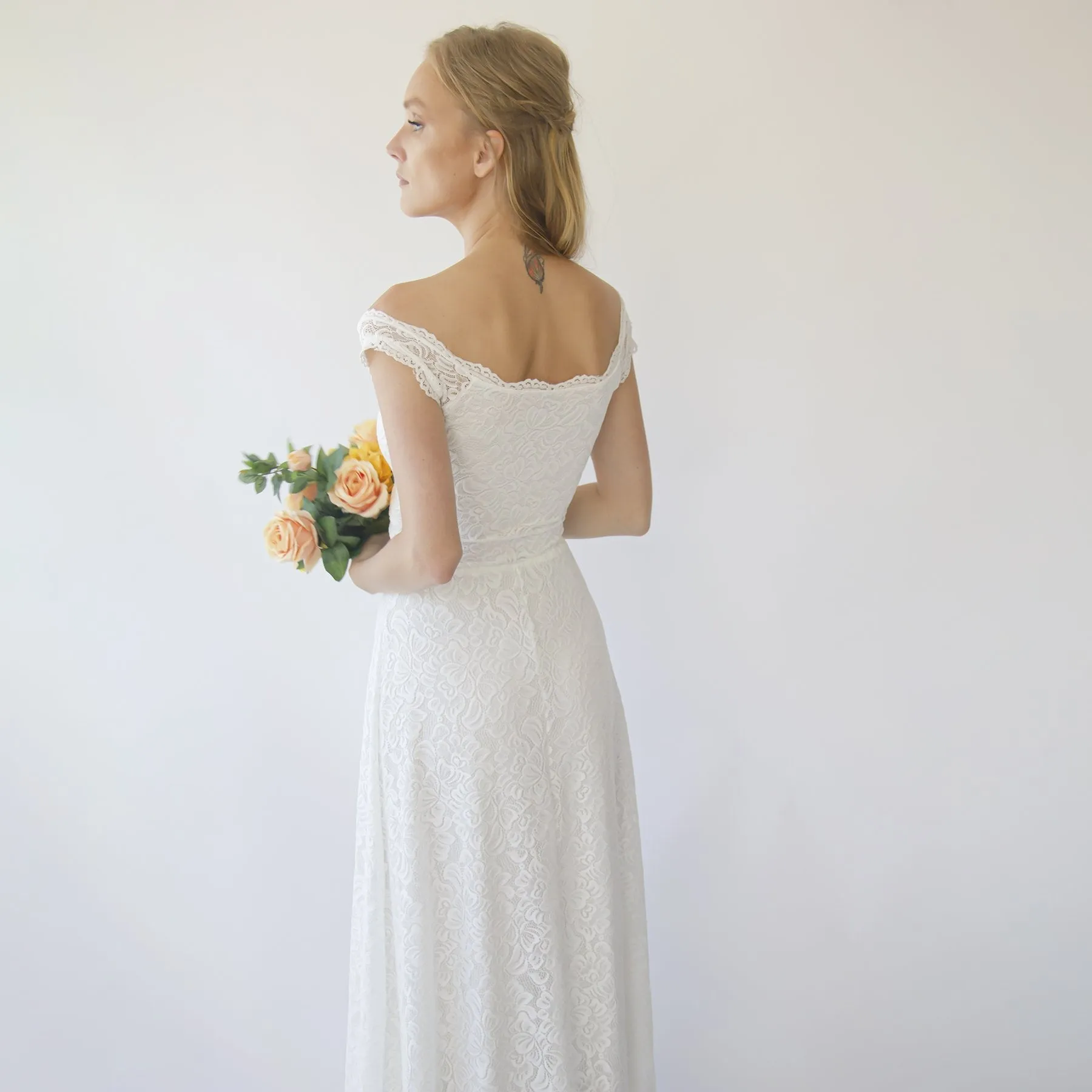 Off the shoulder short sleeves wrap wedding dress  #1281