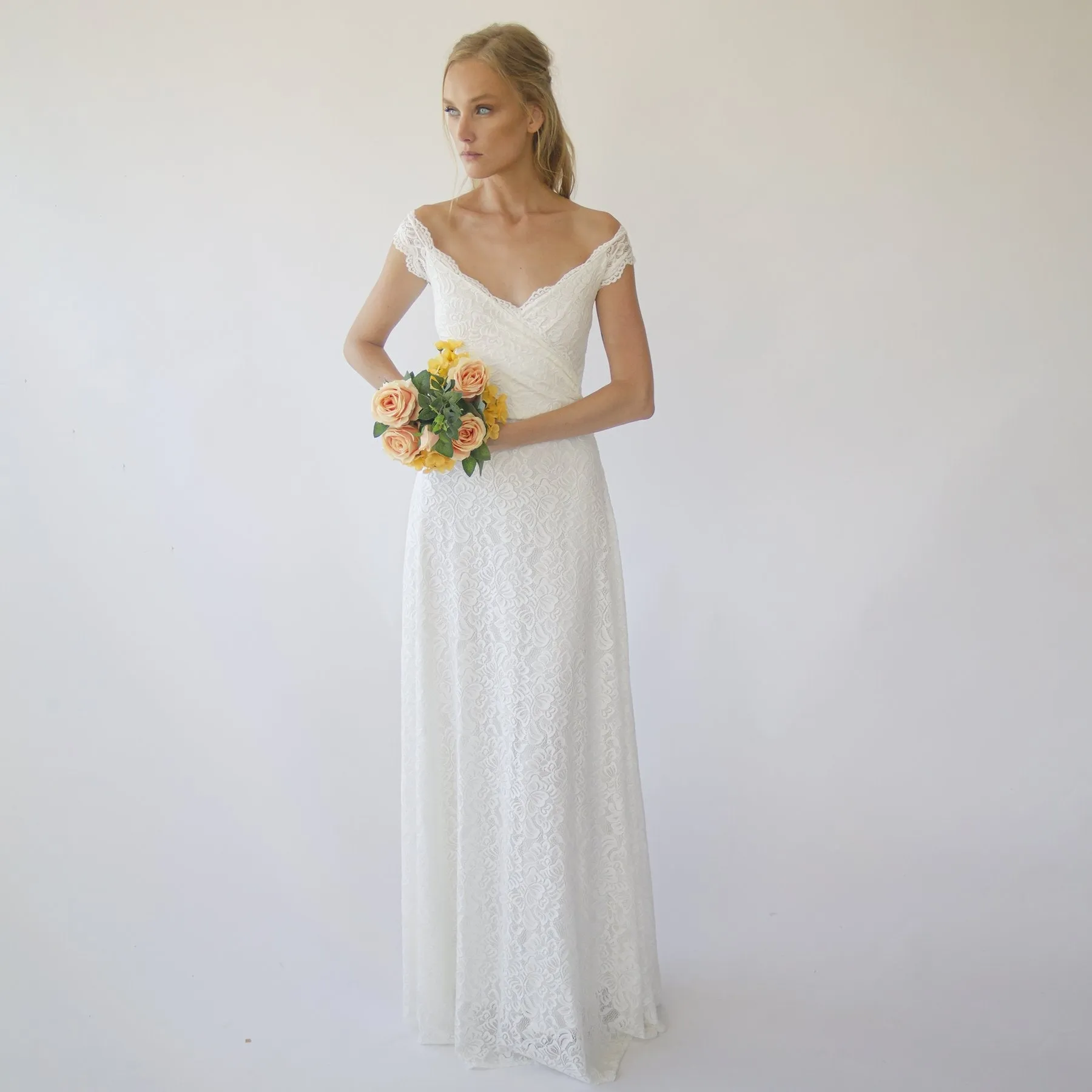 Off the shoulder short sleeves wrap wedding dress  #1281