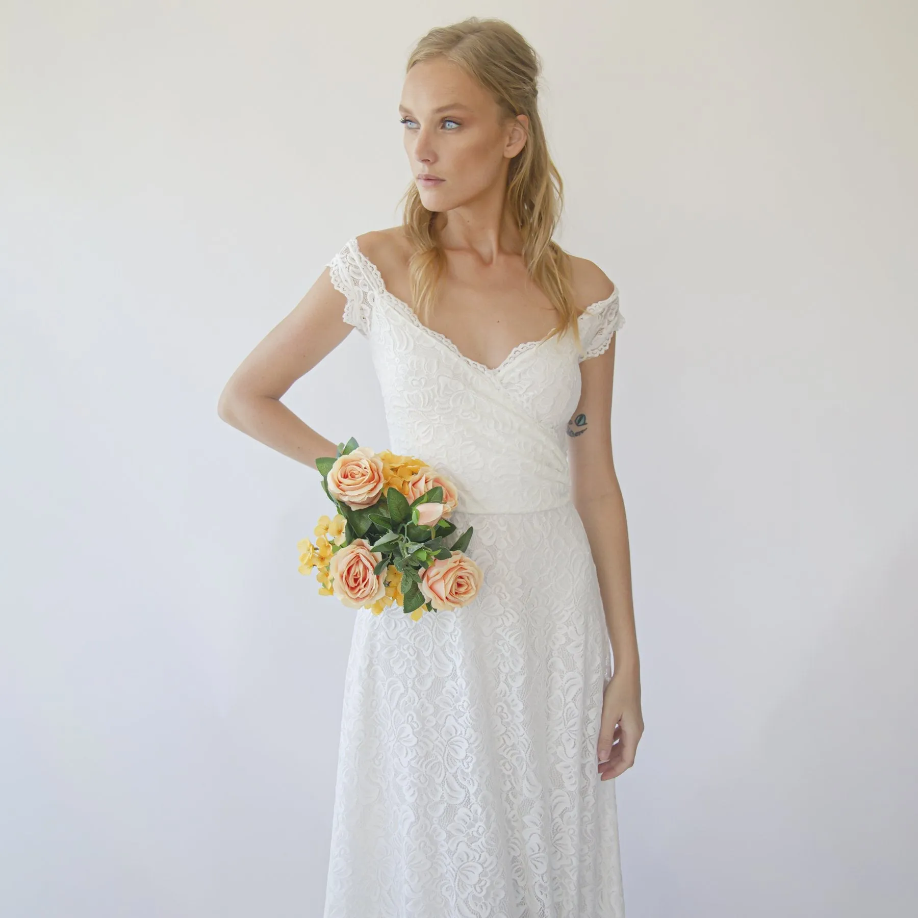 Off the shoulder short sleeves wrap wedding dress  #1281