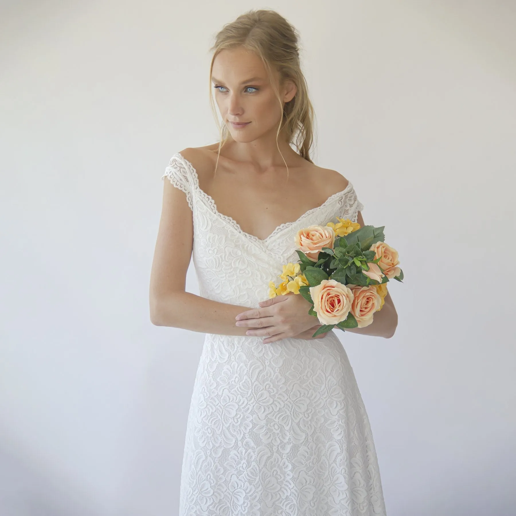 Off the shoulder short sleeves wrap wedding dress  #1281