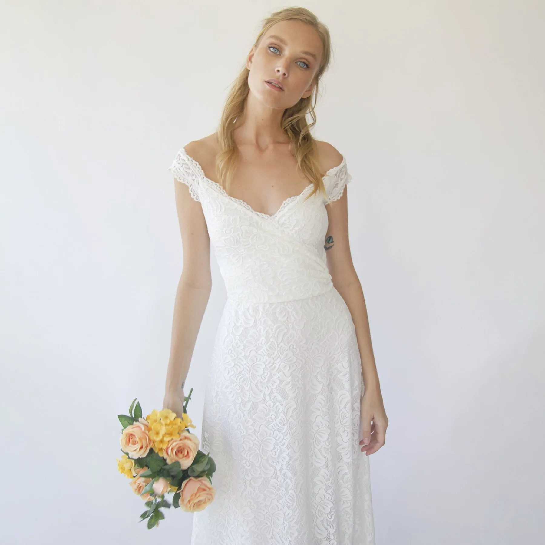 Off the shoulder short sleeves wrap wedding dress  #1281