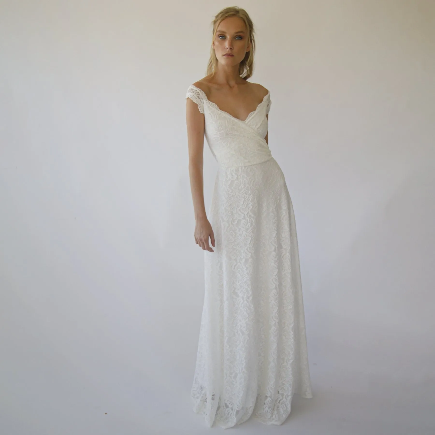 Off the shoulder short sleeves wrap wedding dress  #1281