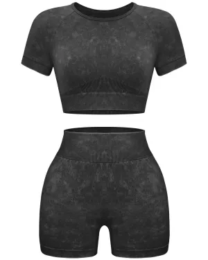 OLCHEE Womens Workout Sets 2 Piece - Seamless Acid Wash Yoga Outfits Leggings Shorts and Crop Top Matching Gym Activewear Athletic Clothing Set - Black Medium