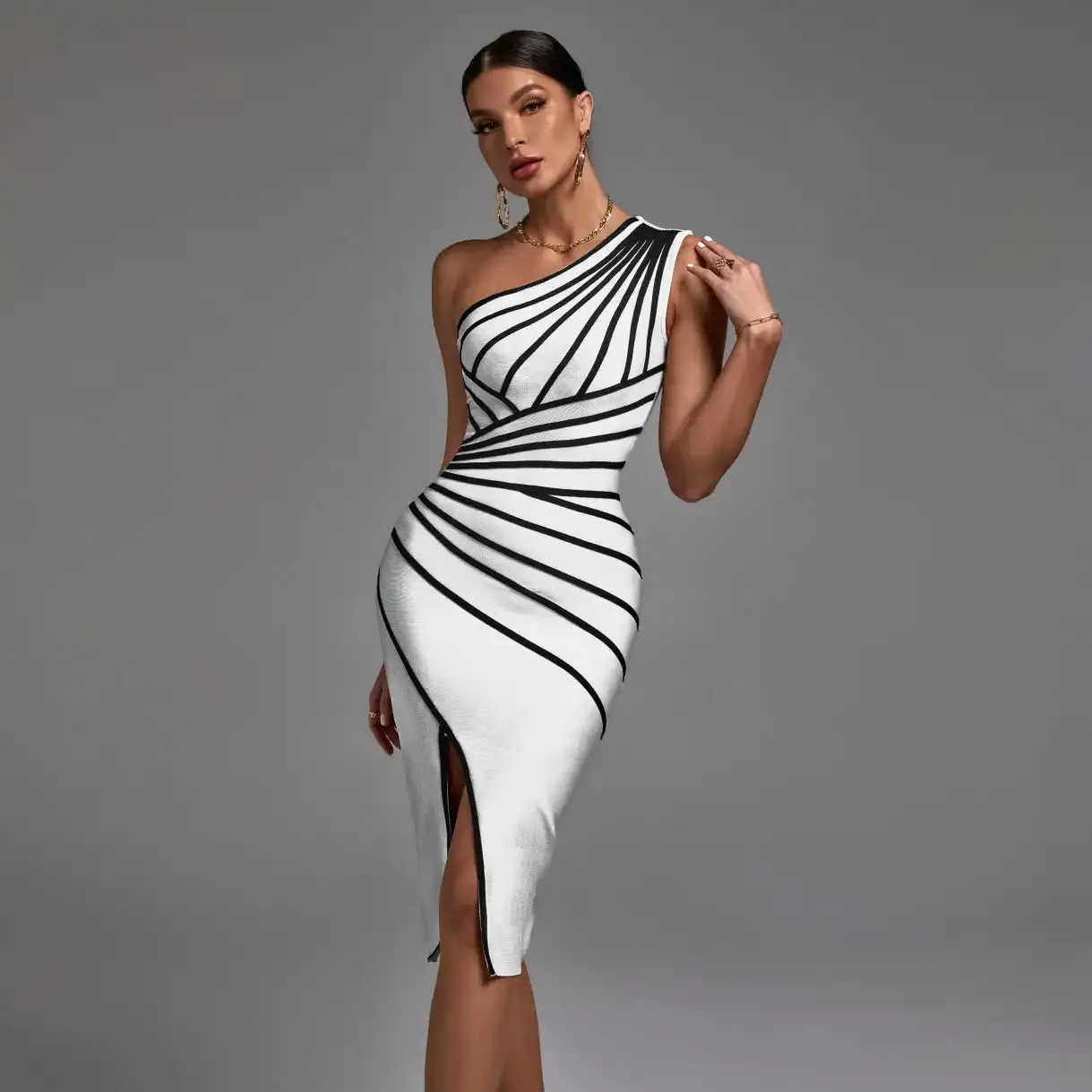 One Shoulder Bandage Dress for Women Elegant Sexy Evening Party Dress High Quality Bodycon Dress