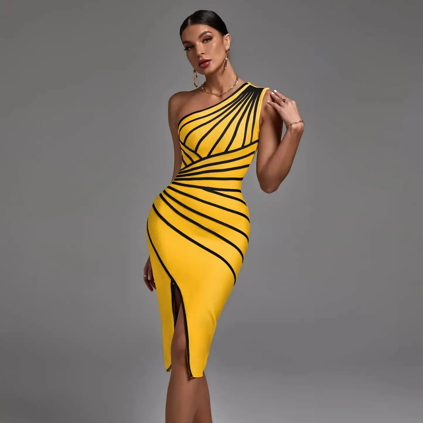 One Shoulder Bandage Dress for Women Elegant Sexy Evening Party Dress High Quality Bodycon Dress