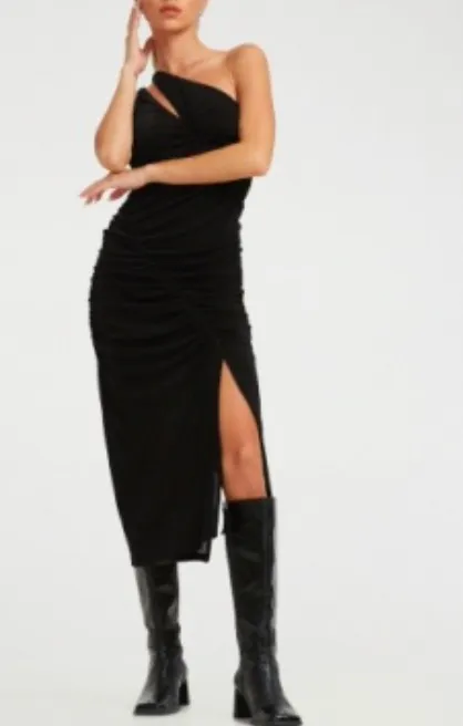 One Shoulder Split Opening Midi Dress