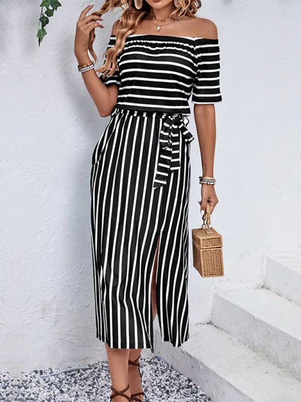 One-Shoulder Striped Midi Dress with Belted Waist