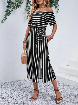 One-Shoulder Striped Midi Dress with Belted Waist