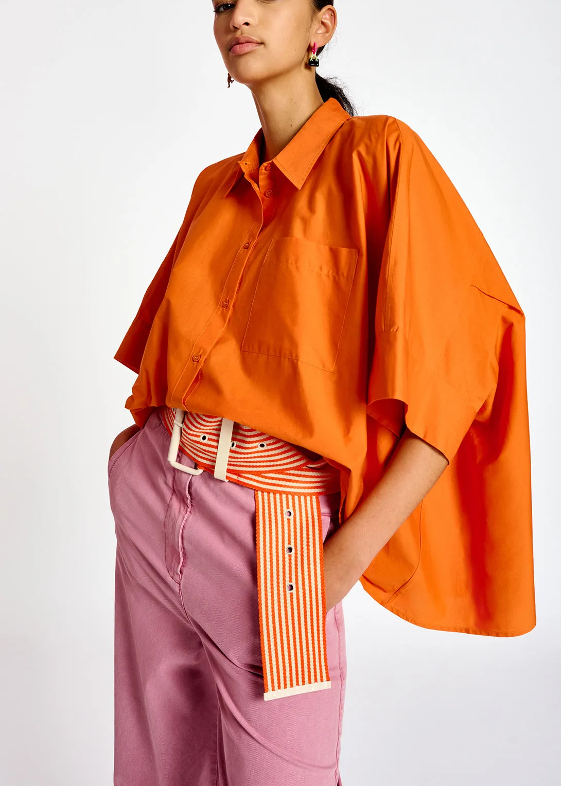 Orange oversized cotton-poplin buttoned shirt