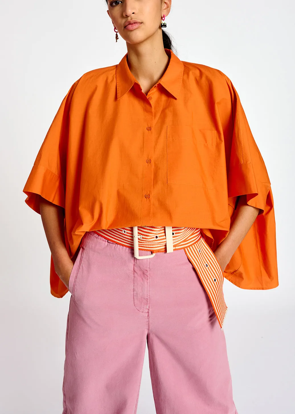 Orange oversized cotton-poplin buttoned shirt